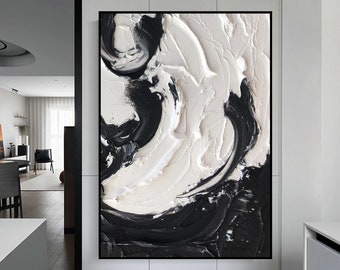 Ingelijst zwart-wit abstract schilderij, minimalistische muurkunst met textuur