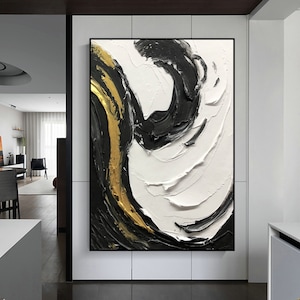 Black and White Texture Wall Art Gold Abstract Painting on Canvas White 3D Plaster Painting Contemporary Abstract Wall Art Modern Painting