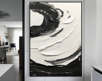 Large Abstract Black And White Oil Painting On Canvas Modern White Textured Wall Art Minimalist Abstract Painting Living Room Wall Decor