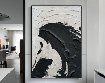 May include: Abstract painting with black and white paint strokes. The painting has a textured, layered look. The black paint is in the shape of a wave or swirl.