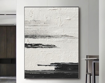 Black and White Textured Abstract Painting, Minimalist Canvas Art