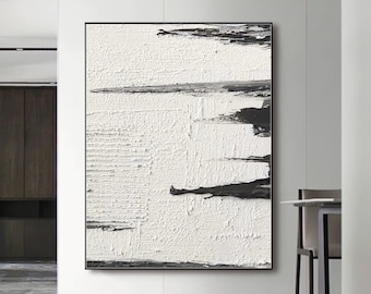 Large Black and White Textured Abstract Painting, Minimalist Art (40x30 inches)