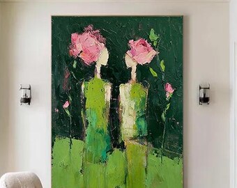 Abstract Woman Portrait Oil Painting, Textured Green Canvas Art, Bohemian Wabi Sabi Wall Decor