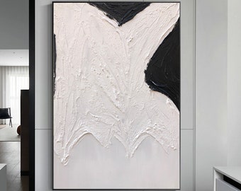 Large Black White Abstract Textured Oil Painting, Minimalist Wall Art,  White 3D Textured Painting, Large Canvas Wall Art, Acrylic Painting