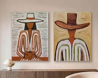 Western Cowboy Faceless Couple Art Wall Set of 2, contemporary abstract textured painting, trendy wild west style home wall hanging