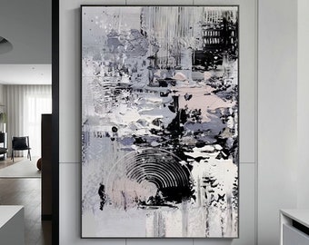 Extra Large Abstract Gray Wall Art On Canvas, Gray Abstract Painting Framed Original Modern Acrylic Painting Rich Textured Bedroom Decor