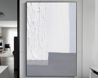 Pintura abstracta blanca grande, pintura minimalista gris, pintura texturizada 3D blanca, arte de pared abstracto, pintura abstracta blanca nórdica grande