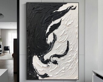 Large Black and White Texture Abstract Painting White Minimalist Wall Art Black Textured Art Painting on Canvas Modern 3D Textured Wall Art