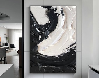 Black And White Painting, Large White Textured Wall Art, Black And White Wall Art, Black And White 3D Abstract Art, Framed Abstract Painting
