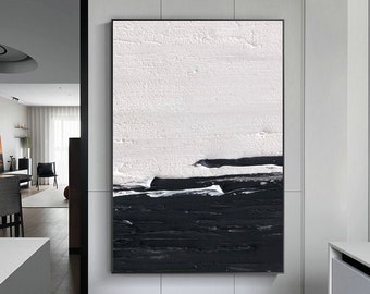 Large Black and White Abstract Oil Painting, Framed Seascape Wall Art