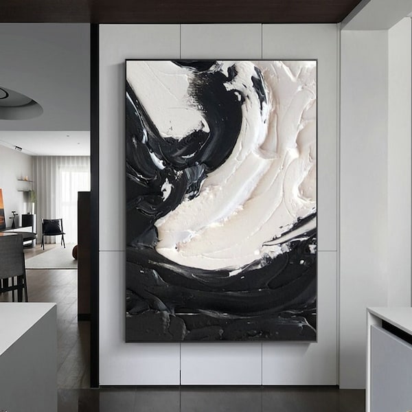 Black And White Painting, Large White Textured Wall Art, Black And White Wall Art, Black And White 3D Abstract Art, Framed Abstract Painting