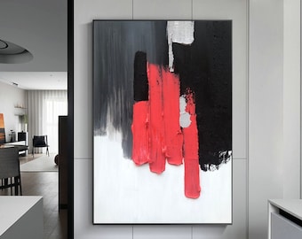 大きな赤い抽象画、白い抽象画の壁アート、モダンな赤いテクスチャ画