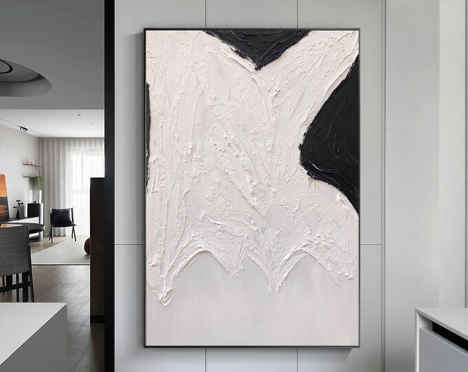 Large Black and White Abstract Painting White 3D Textured Abstract Art ...