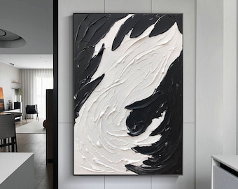 Zwart-wit abstract schilderij met textuur, grote minimalistische canvaskunst