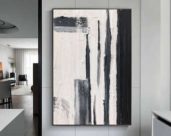 Large Black and White Textured Abstract Painting On Canvas