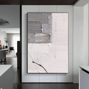 Large Gray Abstract Painting And White Abstract Art, Framed Wall Art, Modern Minimalist Wall Art, Home Decor Textured Acrylic Canvas Art