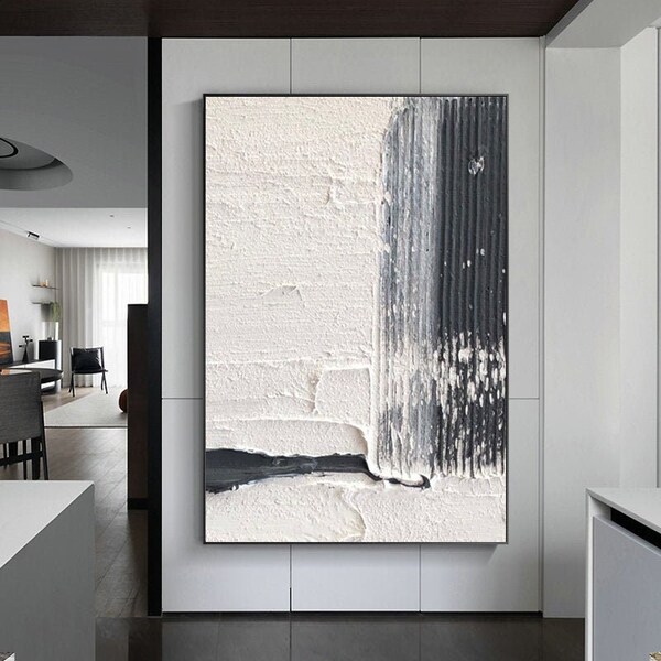 Black And White Textured Painting, Minimalist Abstract Painting, Living Room Wall Decor Black Abstract Art White Canvas Art, Large Wall Art