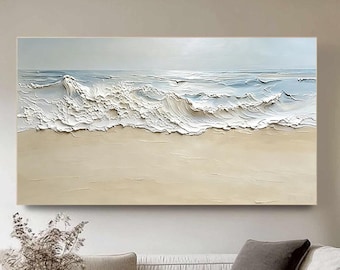 Minimalist Horizontal 3D Plaster Ocean Texture Painting Original White Abstract Wave Canvas Wabi-Sabi Coastal Wall Soft Neutral Tones Art