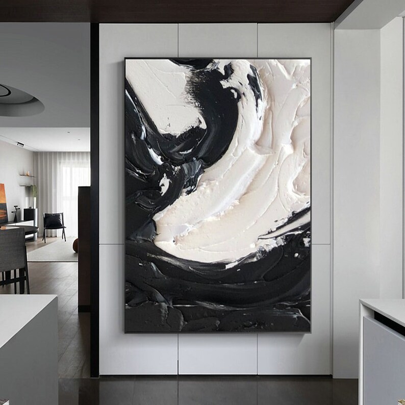Schwarz-Weiß-Gemälde, große weiße strukturierte Wandkunst, Schwarz-Weiß-Wandkunst, Schwarz-Weiß-3D-abstrakte Kunst, gerahmtes abstraktes Gemälde Bild 1