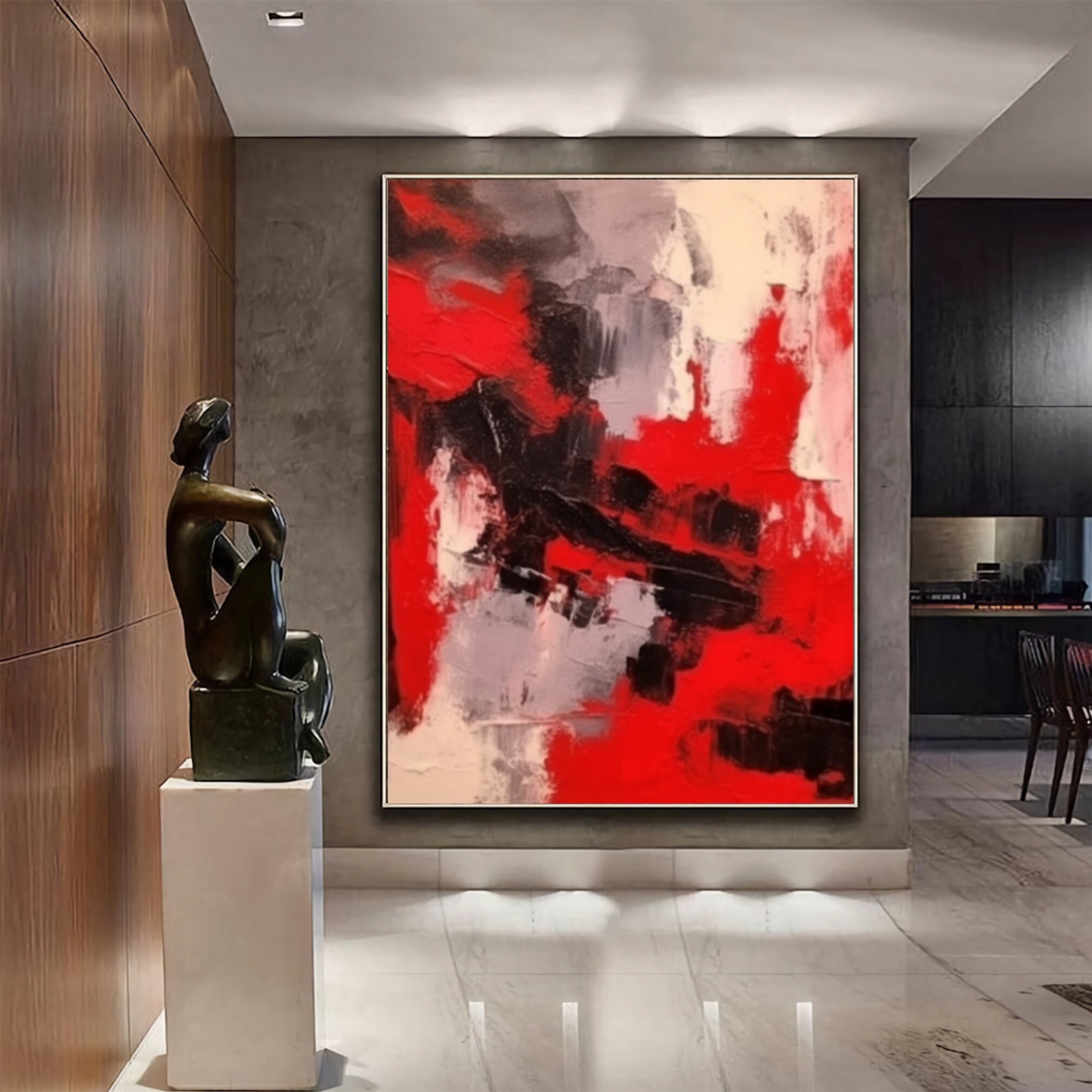Large Black Red Minimalist Wall Art Gray Abstract Painting Modern ...