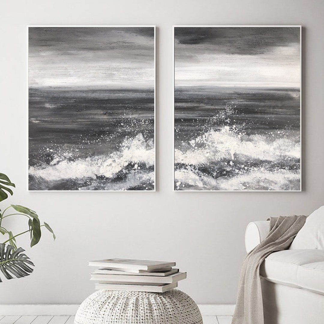 Set of 2 Black White Ocean Waves Painting, Texture Abstract Art, Sea