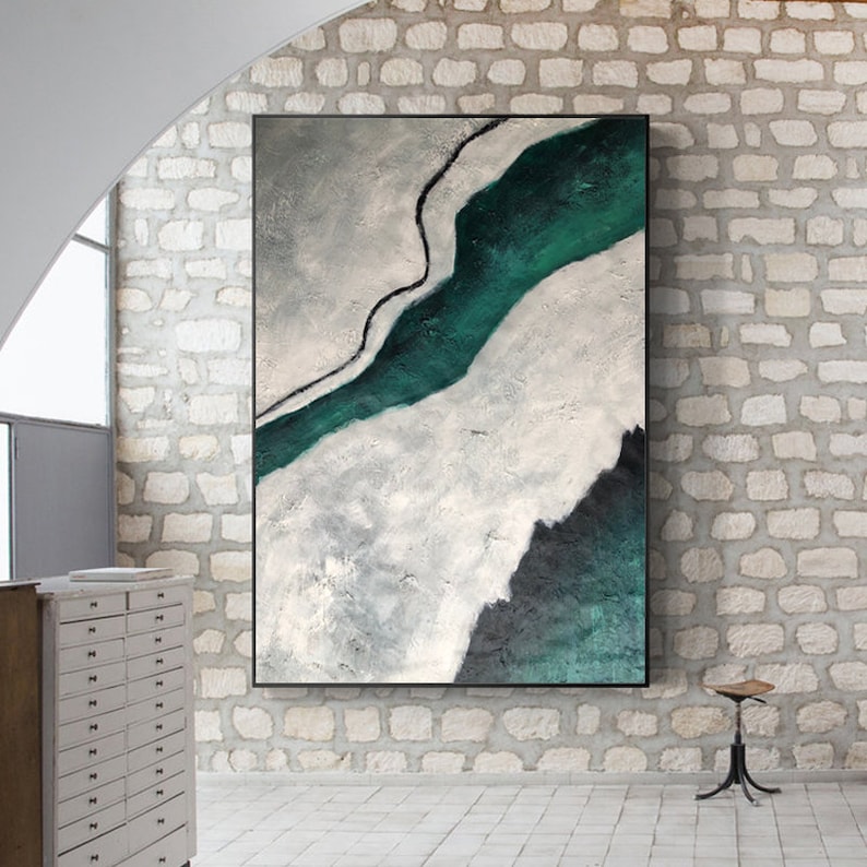Minimal Gray and Green Canvas Wall Art Large Abstract Etsy