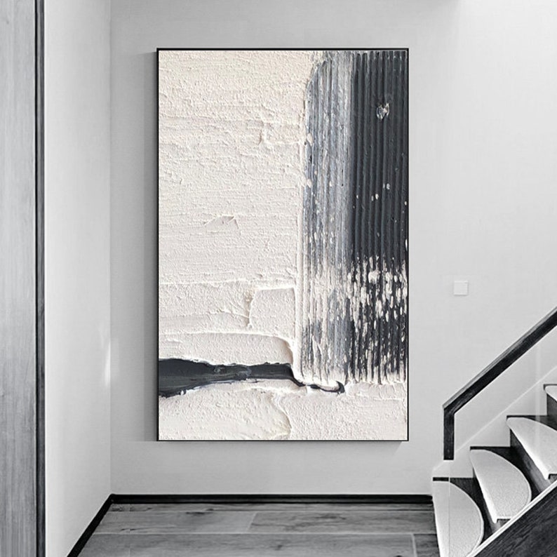 Black And White Textured Painting, Minimalist Abstract Painting, Living Room Wall Decor Black Abstract Art White Canvas Art, Large Wall Art image 6