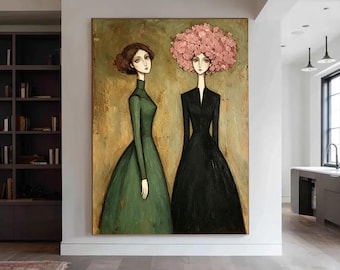 Green & Brown Textured Woman Painting, Modern Figurative Canvas Art, Hand Painted Abstract Portrait for Living Room, Minimalist Wall Decor
