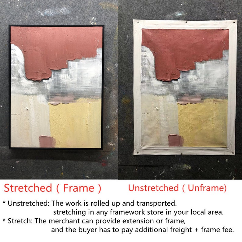 May include: Two images of an abstract painting with red, white, yellow, and grey colours. The image on the left shows the painting stretched and framed. The image on the right shows the painting unstretched and unframed. The text below the images explains the difference between stretched and unstretched.