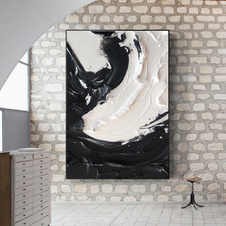 Schwarz-Weiß-Gemälde, große weiße strukturierte Wandkunst, Schwarz-Weiß-Wandkunst, Schwarz-Weiß-3D-abstrakte Kunst, gerahmtes abstraktes Gemälde Bild 3