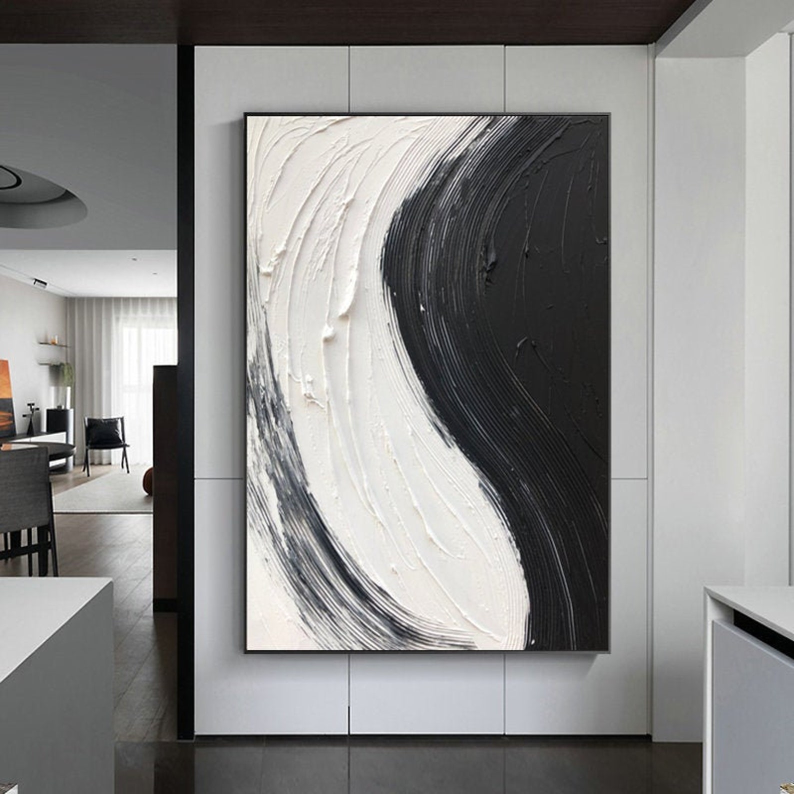 Large Abstract Wall Art Canvas Black and White Oil Painting, Modern ...