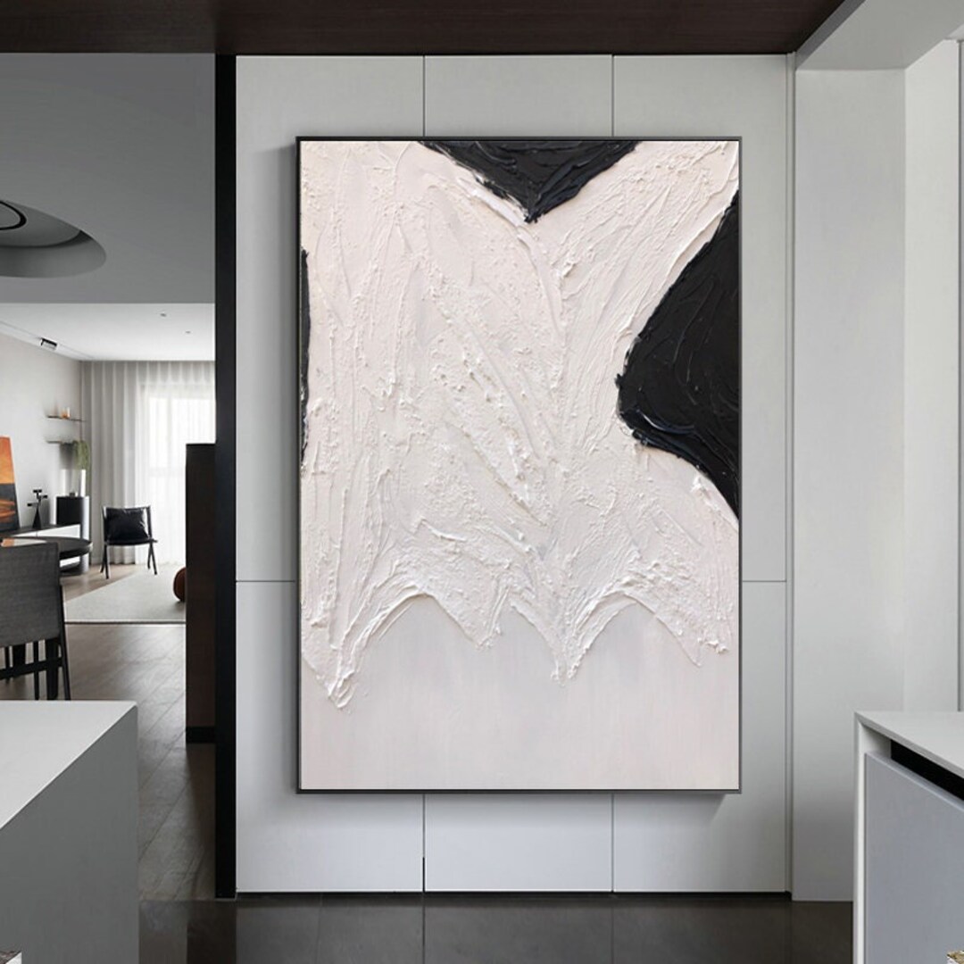 Large Black White Abstract Textured Oil Painting, Minimalist Wall Art ...