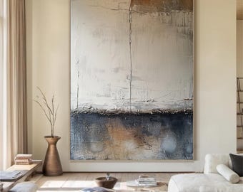 Large Abstract Wabi Sabi Painting: Brown & Blue Canvas Art