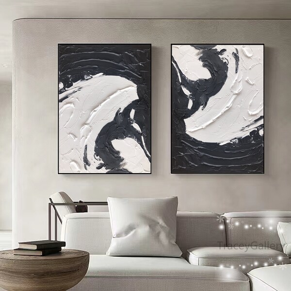 Set of 2 Black White Abstract Painting 3D Textured Painting Textured Wall Art Large Minimalist Black White Abstract Painting For Living Room