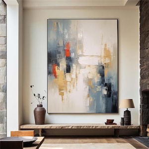 Large grey and white canvas abstract painting, brown minimalist wall art, orange textured hand painting, modern home decor