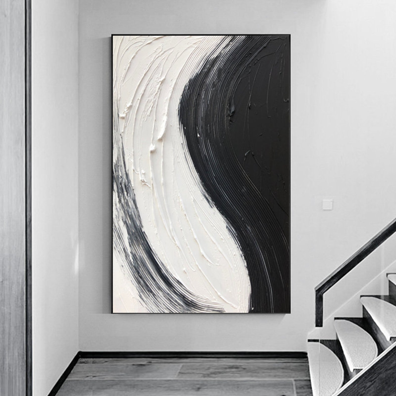 Large Abstract Wall Art Canvas Black and White Oil Painting, Modern ...