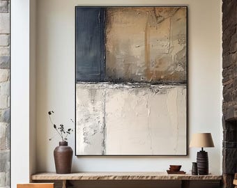 Large Brown and Blue Abstract Canvas Painting, Textured Wabi-Sabi Wall Art