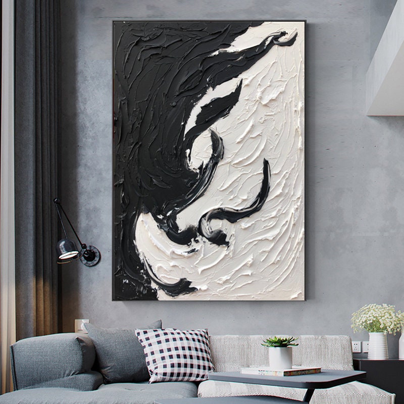 Large Black and White Texture Abstract Painting White Minimalist Wall ...