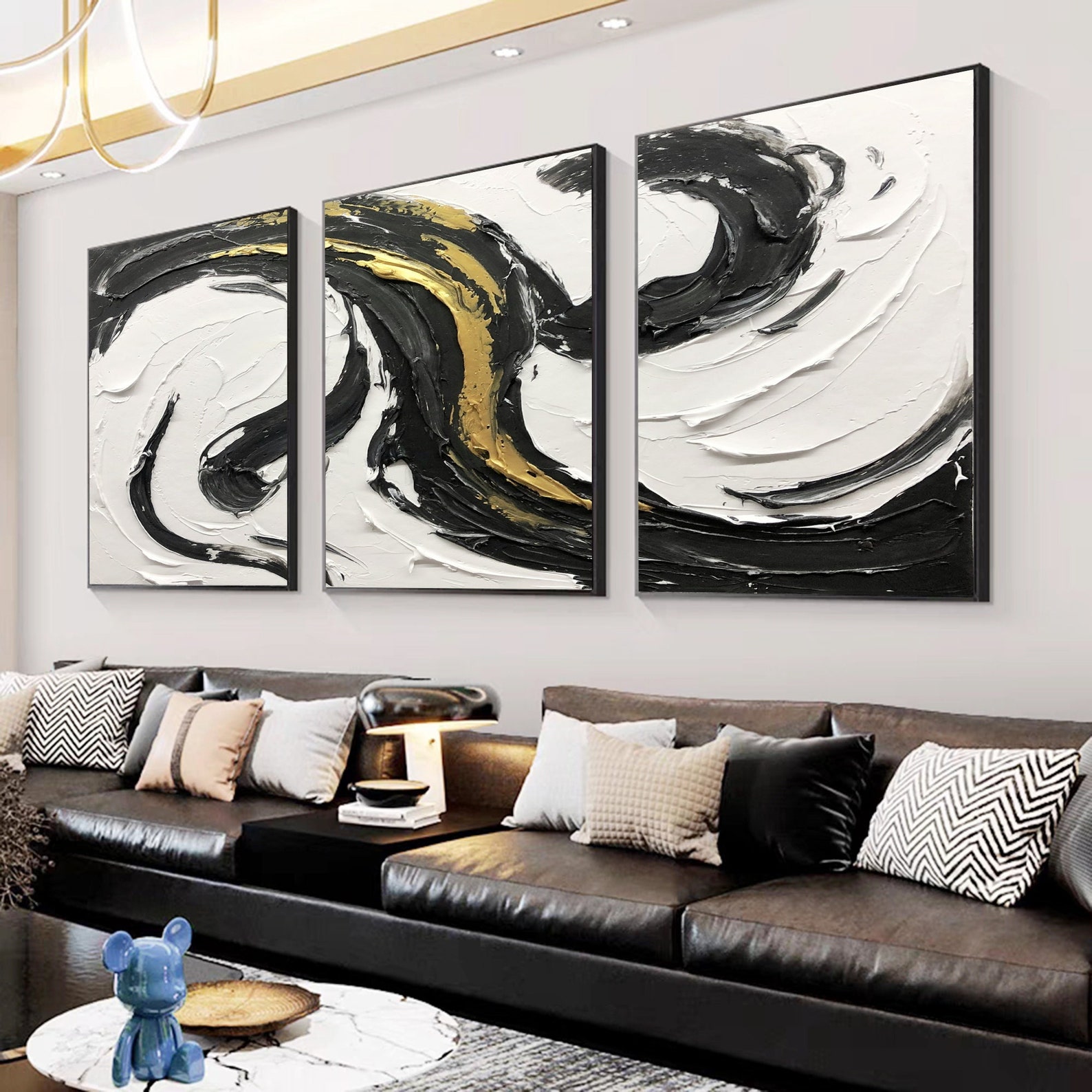 Set of 3 Black White Gold Textured Painting 3D Abstract Art Wabi Sabi ...