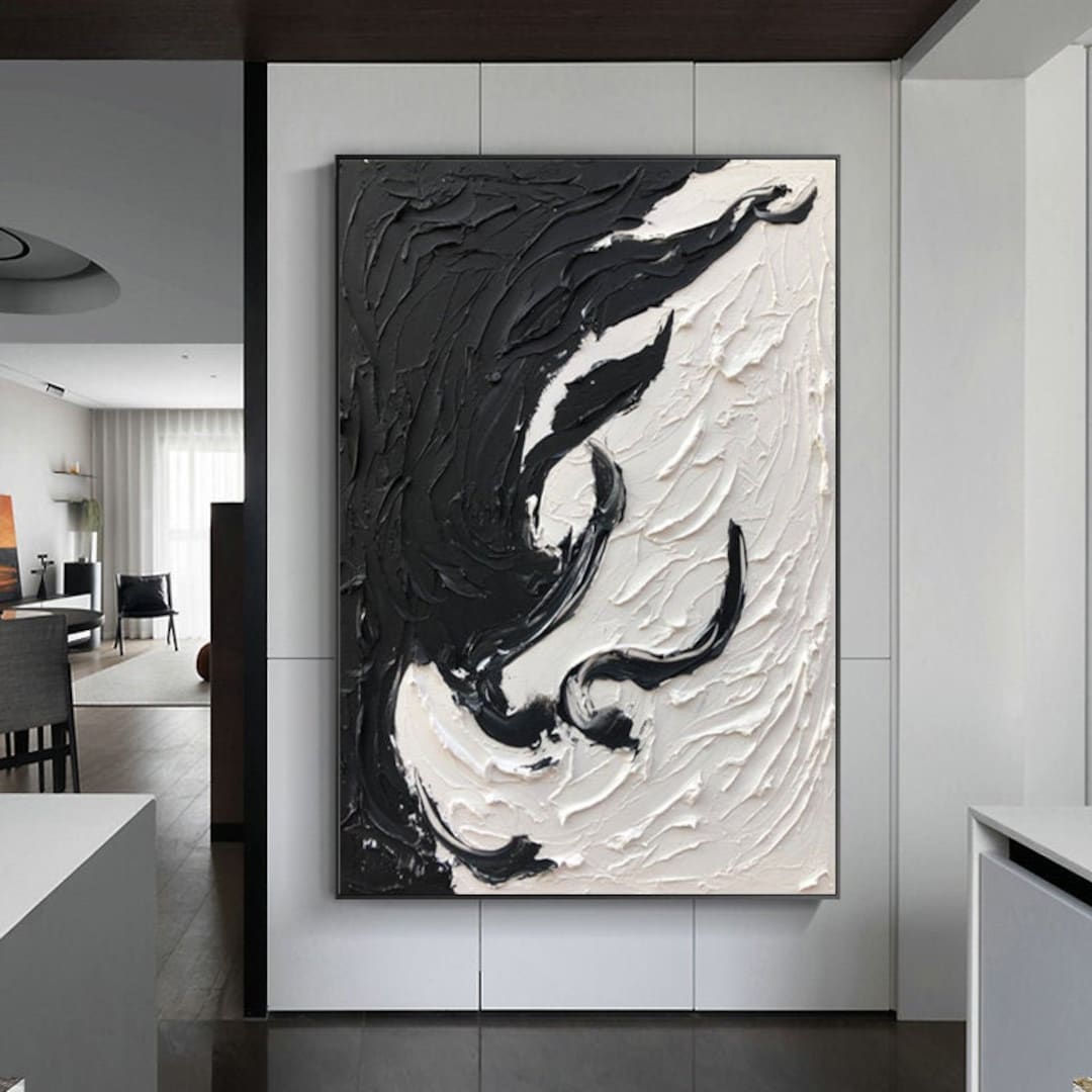 Large Black and White Texture Abstract Painting White Minimalist Wall ...