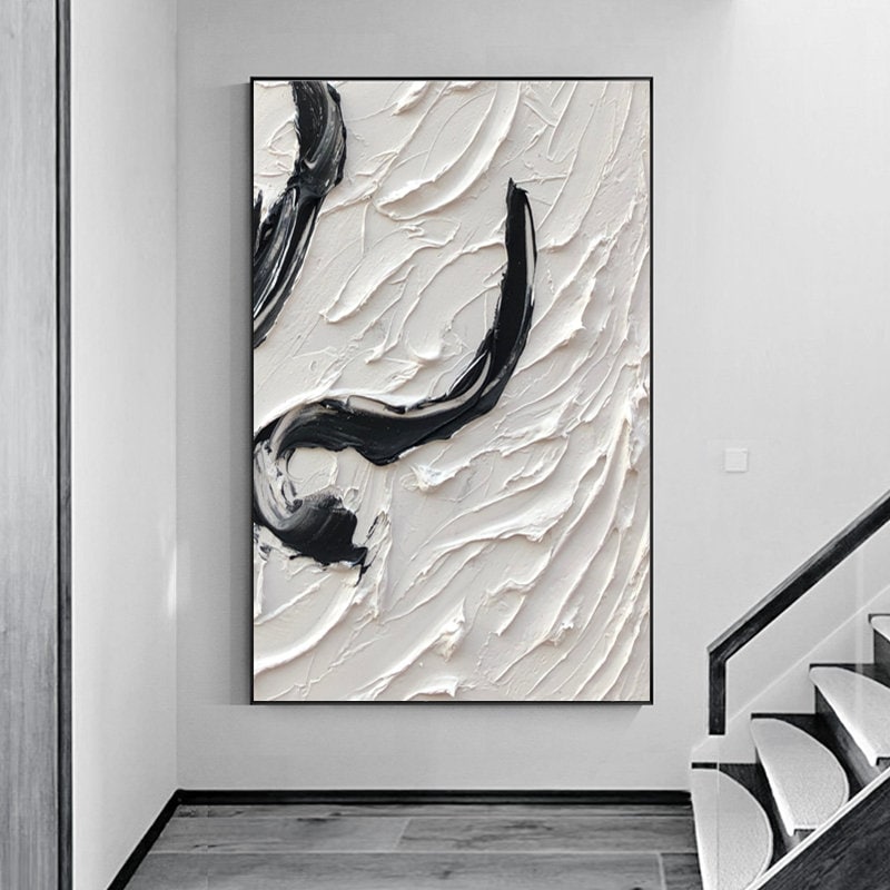 Large Abstract Black and White Painting, White 3D Textured Wall Art ...