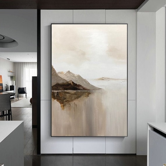 Large Beige Mountainscape Oil Painting, Boho Minimalist Wall Art