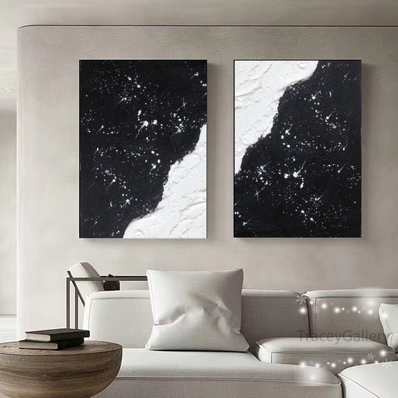 Textured Abstract Painting Set, Black White 3D Minimalist Wall Art
