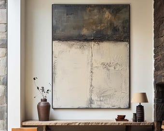 Dark Blue Abstract Oil Painting, Beige Texture Wall Art, Modern Home Decor (40x30 inches)