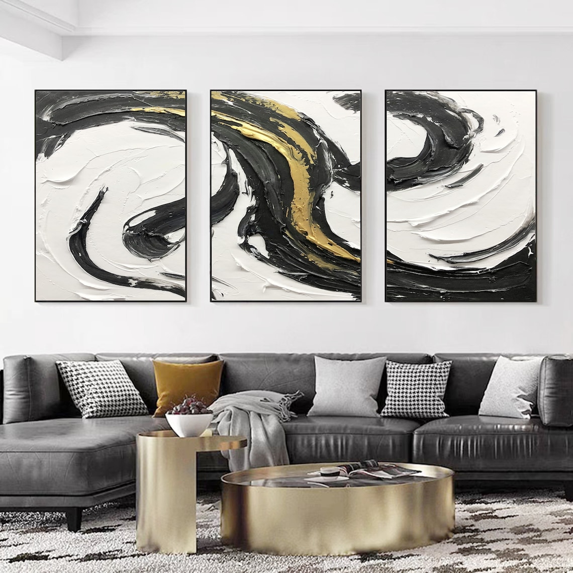 Set of 3 Black White Gold Textured Painting 3D Abstract Art Wabi Sabi ...