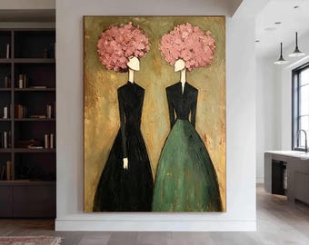 Modern Retro Figurative Abstract Art, Single Lady Textured Canvas Painting, Wabi Sabi Home Wall Decor, Hand Painted Custom Art Gift