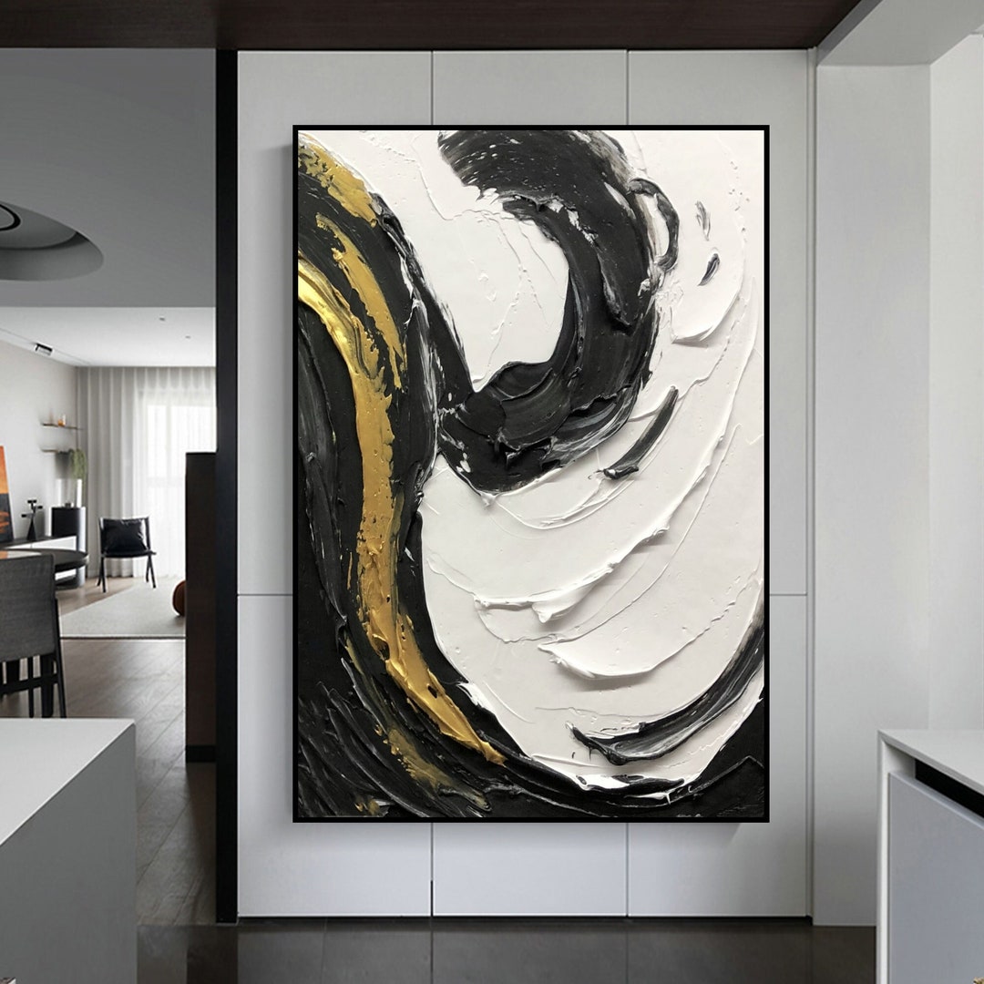 Black and White Texture Wall Art Gold Abstract Painting on Canvas White ...