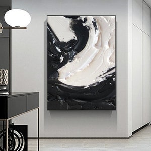 Schwarz-Weiß-Gemälde, große weiße strukturierte Wandkunst, Schwarz-Weiß-Wandkunst, Schwarz-Weiß-3D-abstrakte Kunst, gerahmtes abstraktes Gemälde Bild 2