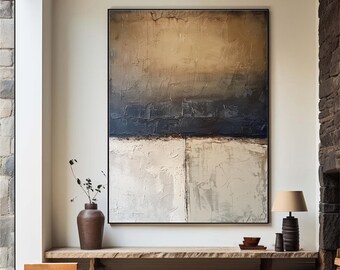 Large Abstract Texture Painting, Brown, Blue, Beige Canvas Art