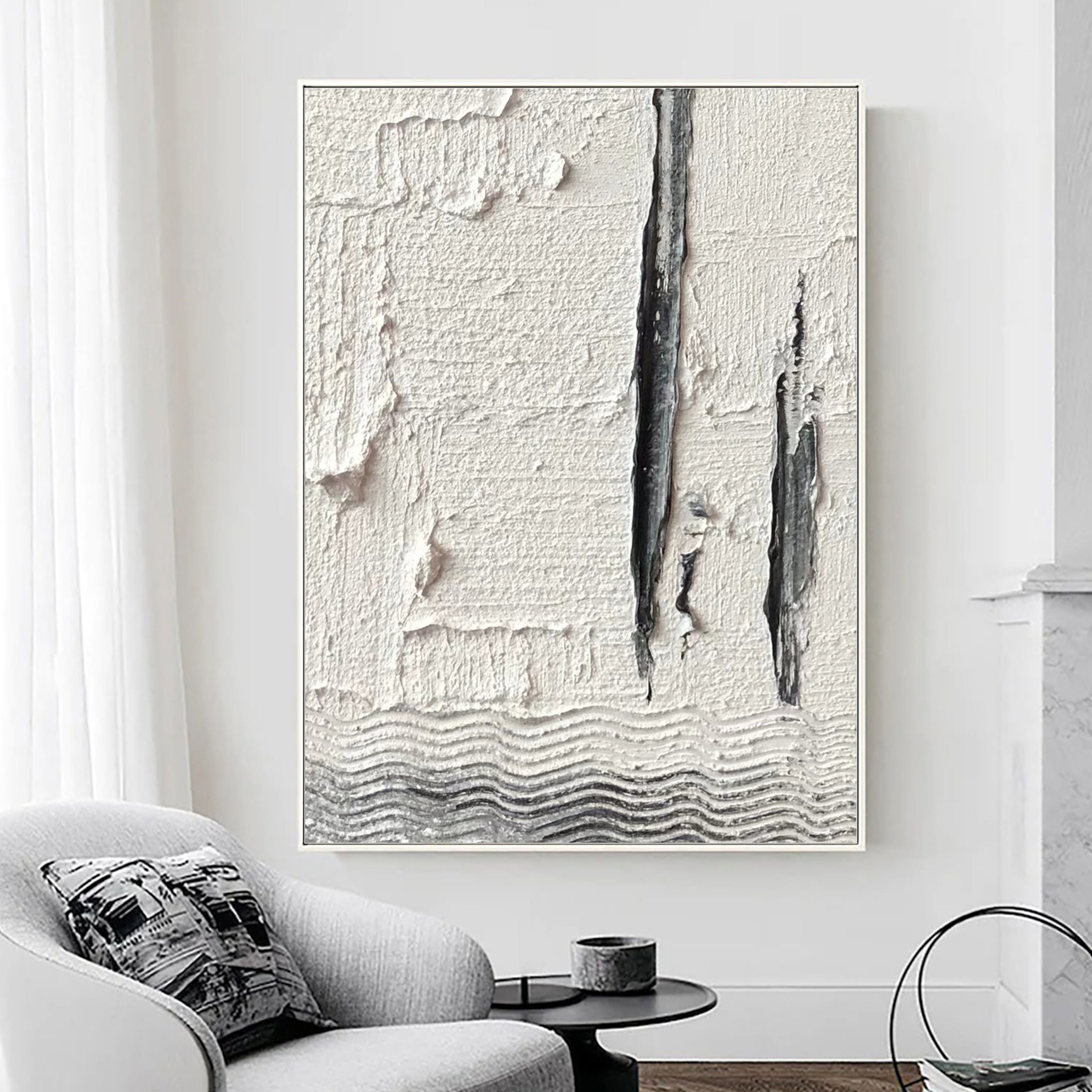 Black and White Abstract Painting, Black and White Textured Wall Art ...